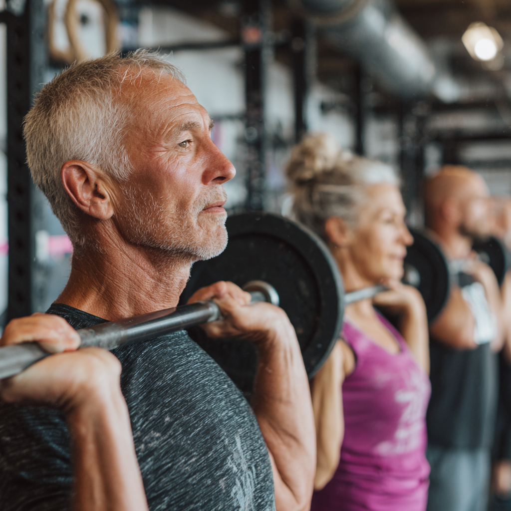 experienced 50 years old adults enjoying strength training with supportive community atmosphere